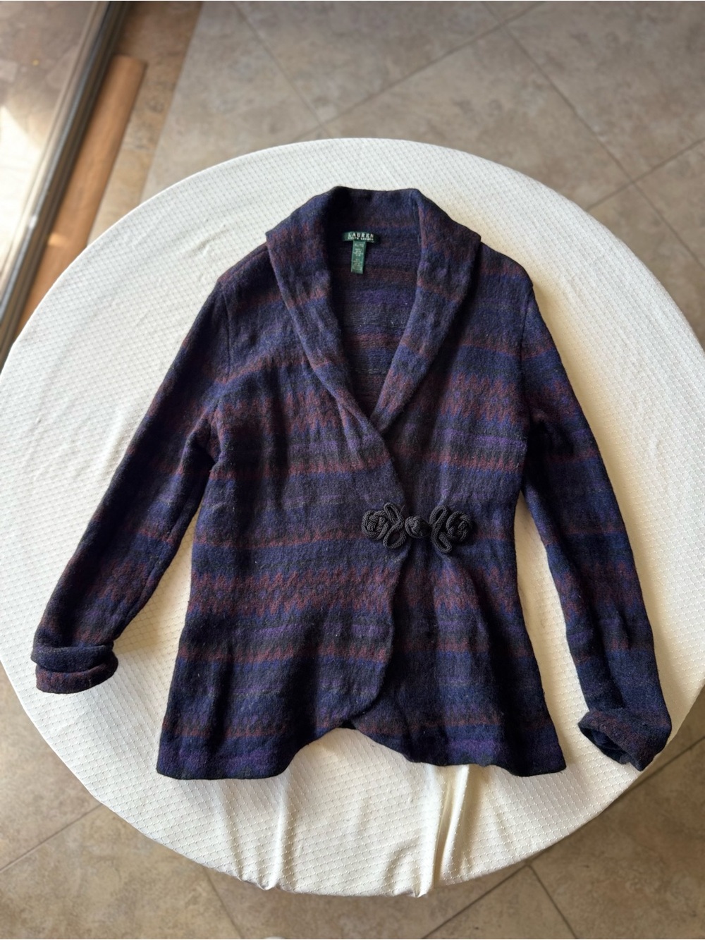 Ralph Lauren Navy & Plum Striped Shawl-Collar Cardigan with Knot Closure